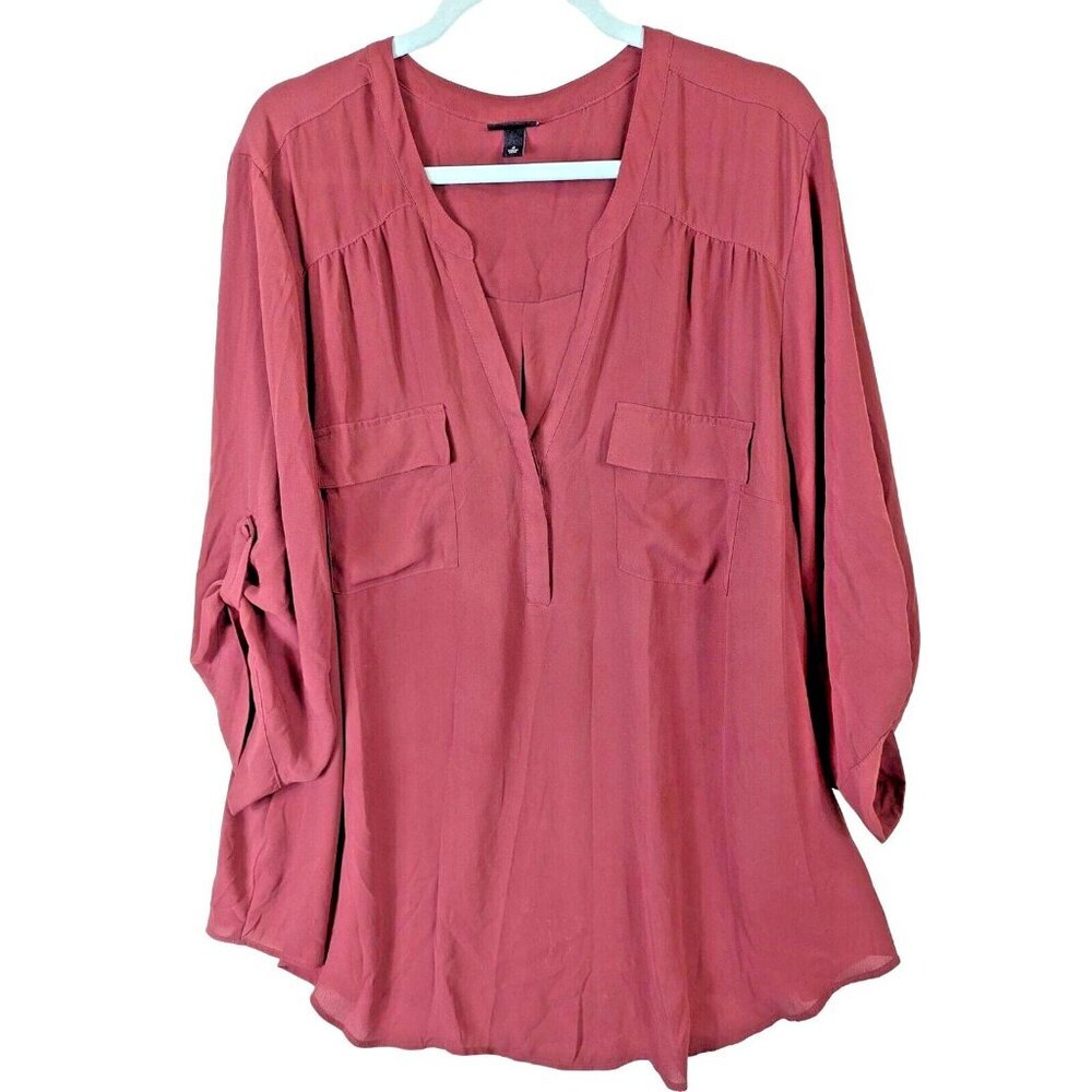 Torrid Women size 4X Burgundy Harper Split V Neck Blouse Roll-tab Sleeve Office